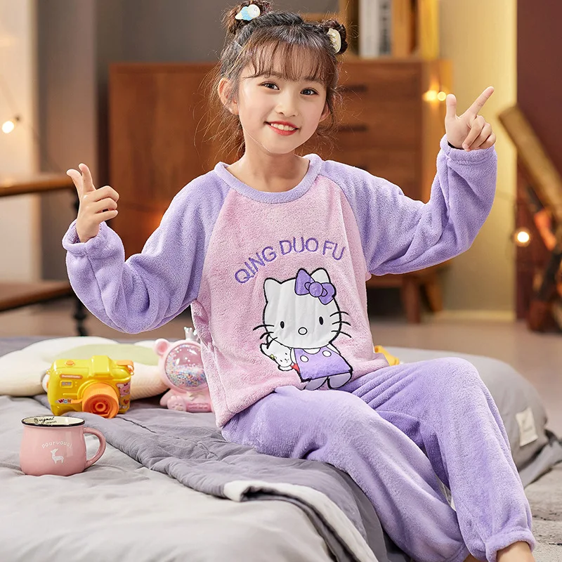 Anime Sanrio Hello Kitty Children Plush Pajamas Kids Girl Casual Clothing Costume Sleepwear Kawaii Plushie Home Nightwear Gifts