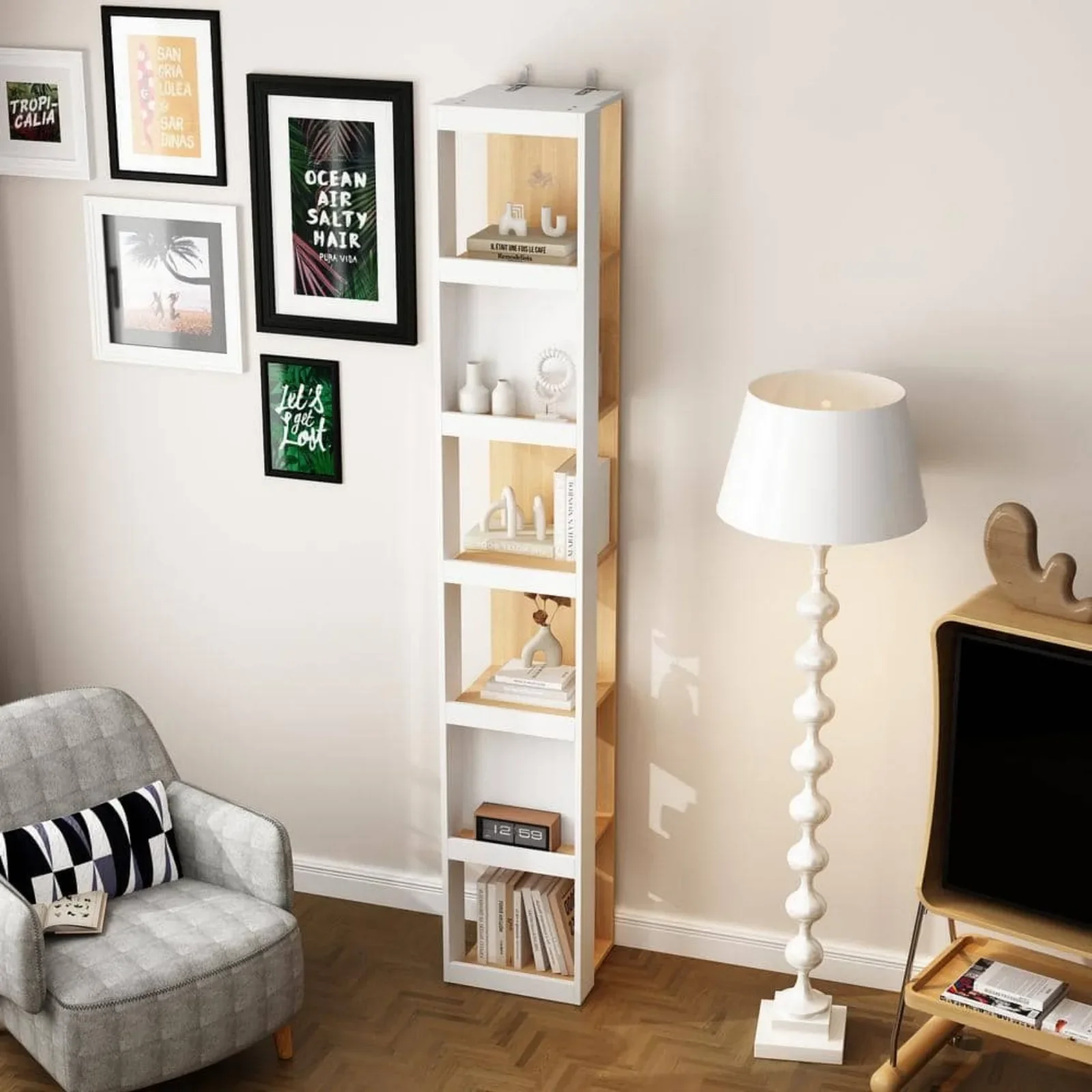 Tall White & Wood Grain Wooden 6-Tier Shelves Bookcase, Accent Cabinet, Tall & Thin Corner Storage Cabinet