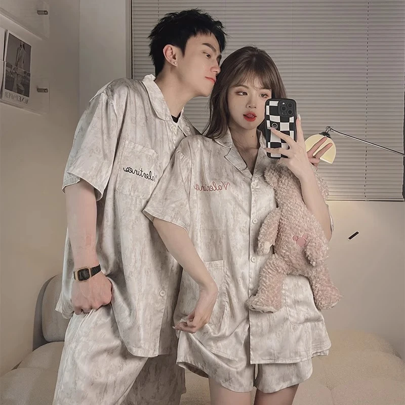 Silk-like Couple Pajamas Set Print Short Sleeve Tops And Shorts V-neck Sleepwear