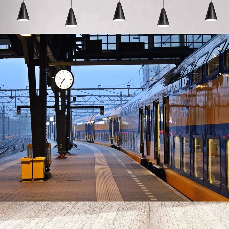 Train Station Platform Photography Backdrop Early Morning Train Background Wall Banner Poster Train Theme Party Decor