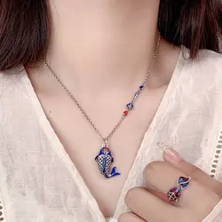 Creative Silver 925 Enamel Blue Small Fish Pendant for Women Vintage Cloisonn Crafts Koi Necklaces Hollow Collar Chain Jewelry