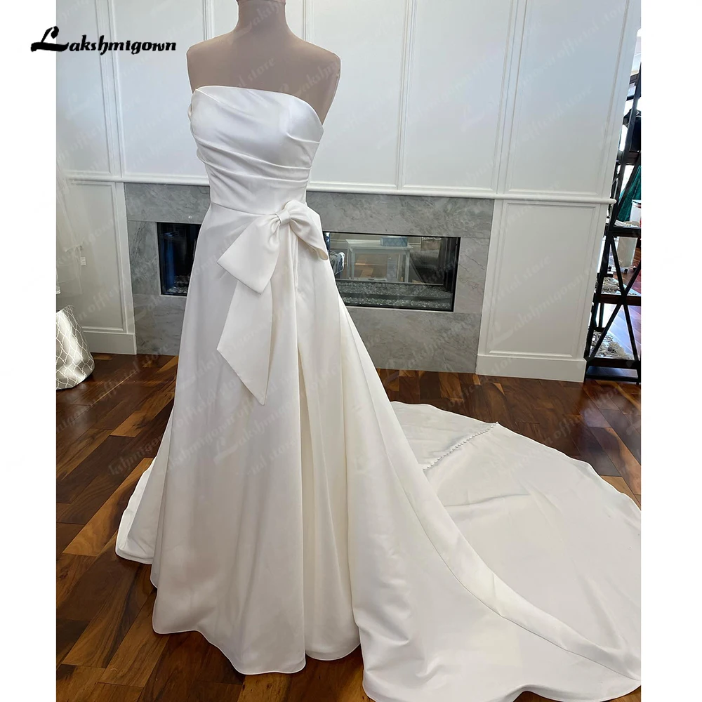 Lakshmigown Pleat A Line Wedding Dresses with bow Side Slit Vestido De Noiva Satin Women Bridal Dresses Factory Custom