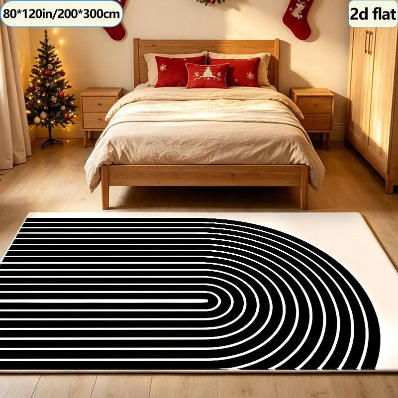 Black and White Curved Striped Art Carpet, Minimalist Modern Style Carpet, Suitable for Living Room, Bedroom, and Home Interior Decoration