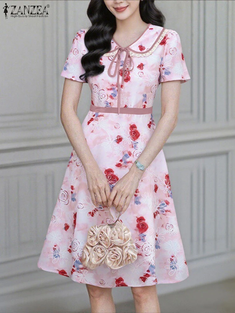 

ZANZEA Bohemian Print Dresses Women Summer Short Sleeve Lapel Elegant Party Sundress 2025 Fashion Casual Waisted Holiday Robe