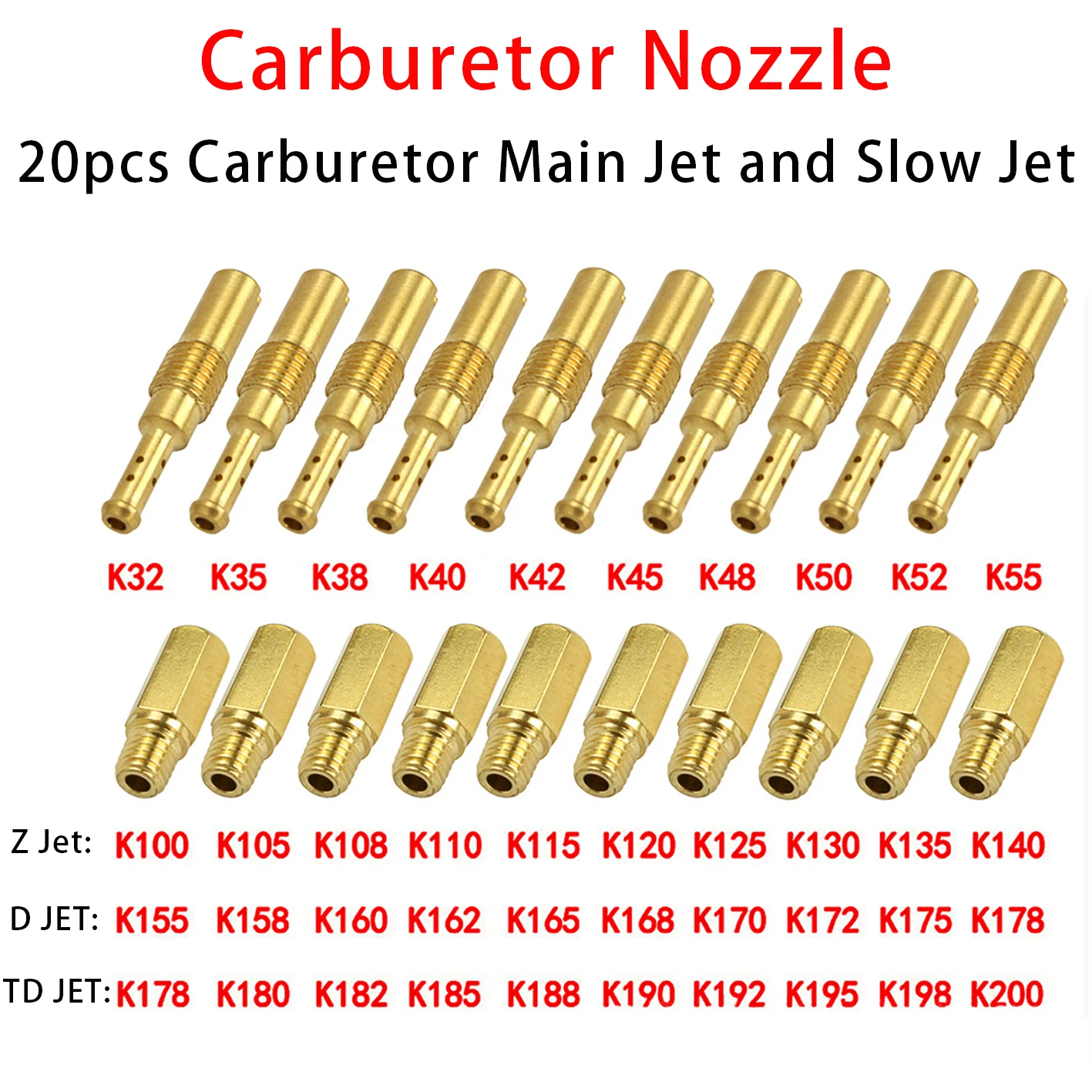 20pcs/set Motorcycle Carburetor Nozzle 10pcs Slow Jets Brass Main Gate Jets for SUD CO KO SO O KO PW K PWM PE Injector Nozzle