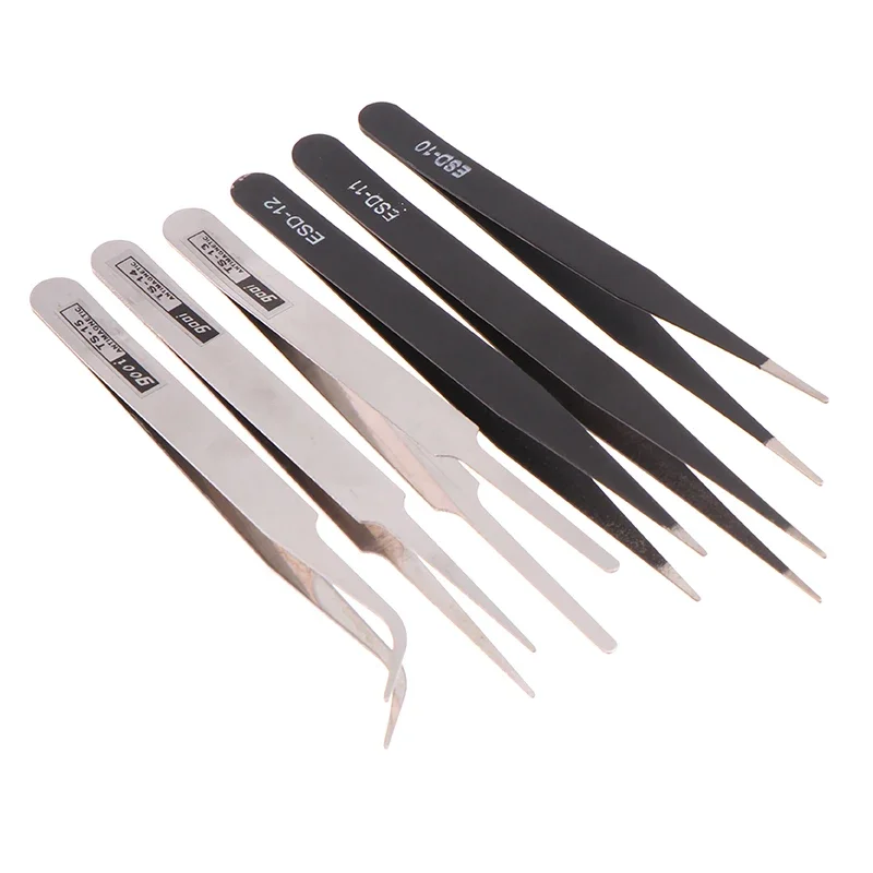 6Pcs Stainless Steel Tweezers Repair Tool Industrial Precision Bent Straight Tweezers Repair Tool