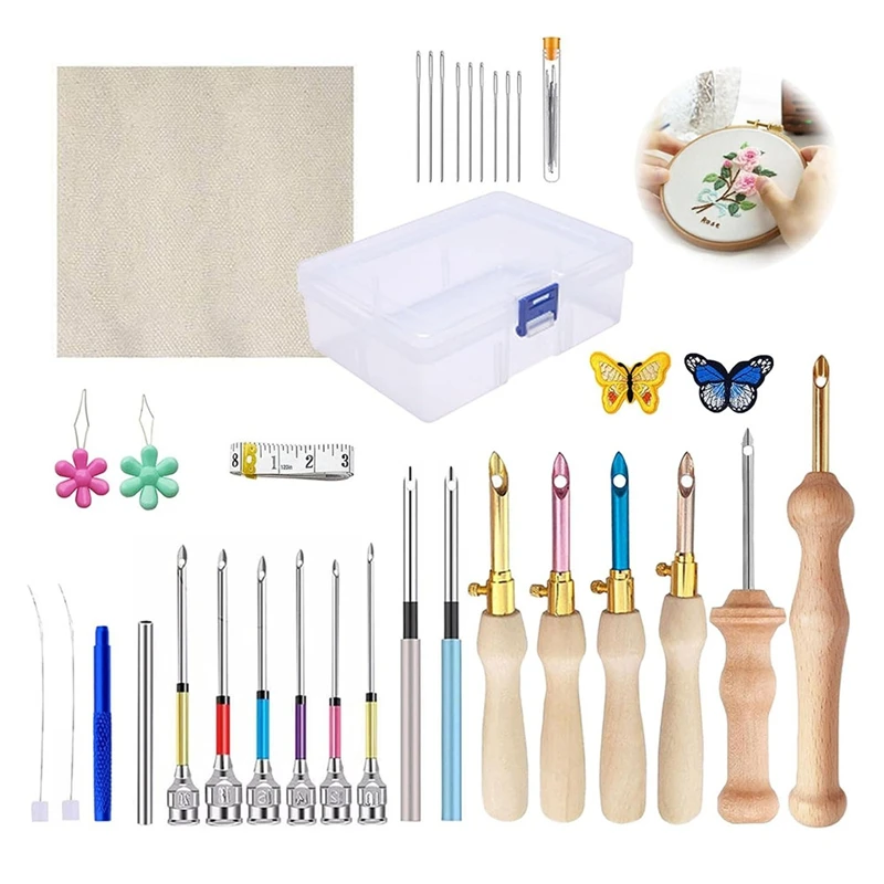 35 Pcs Punch Needle Kit, Punch Needle Tool Adjustable Punch Needle Embroidery Kits,Sewing Art Needle Tool For Beginners