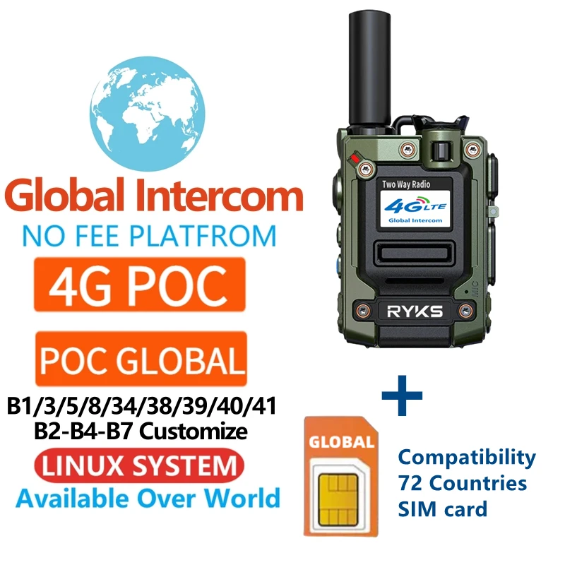 

Global (no fee) Intercom platform RYKS-DP56 walkie talkie 5000km Long Talk Range 4G LTE POC Network Radio Sim Card