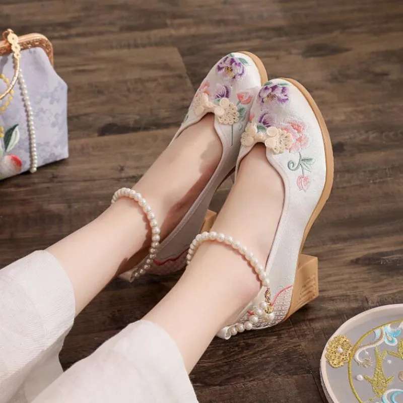 Women Vintage Pearls Ankle Strap Pump Ladies Ethnic Embroidered High Heels Spring Mary Jane Block Heel Dress Shoes for Female