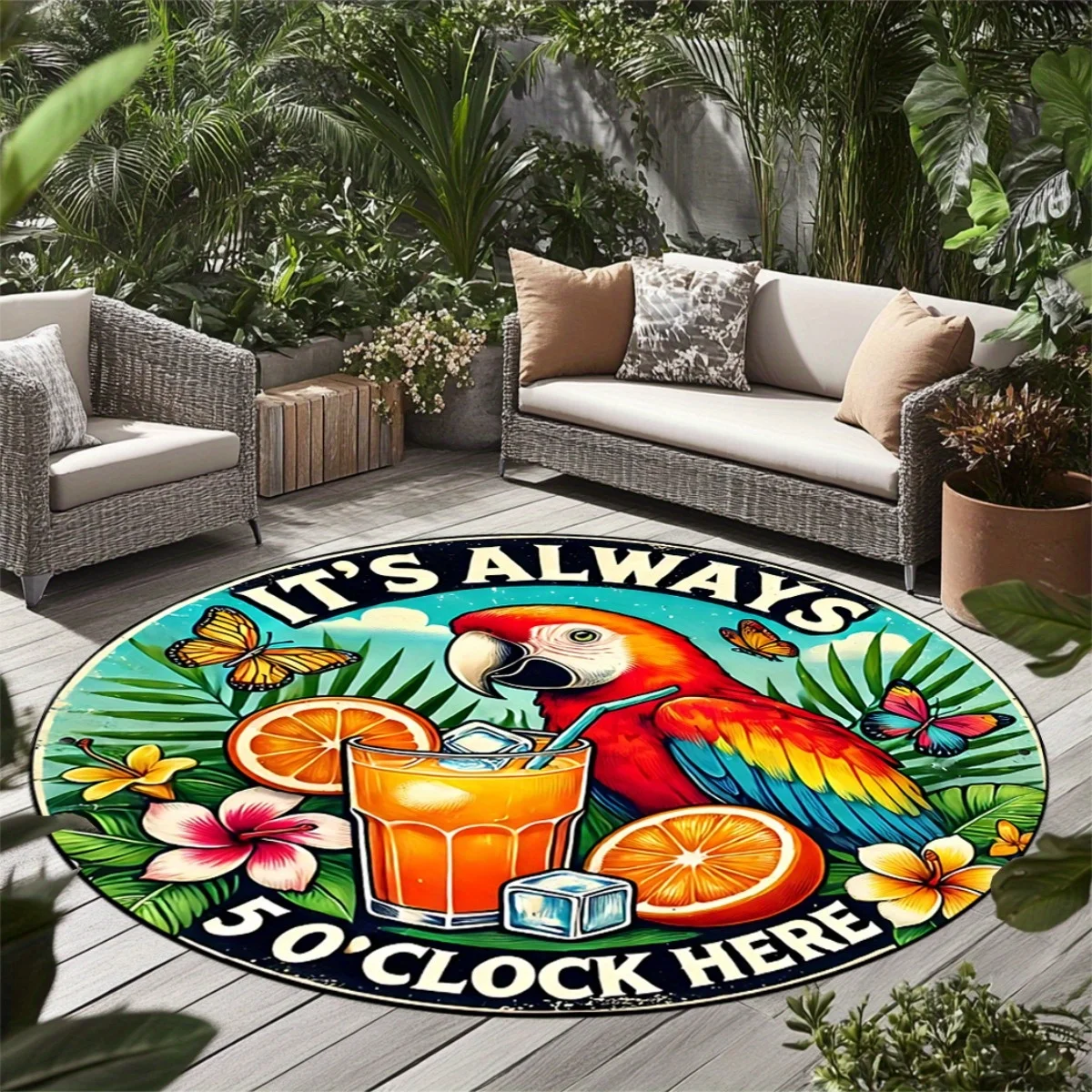 Tropical Parrot Cocktail Garden Rug 5 O Clock Here Outdoor Patio Mat Printed Flannel Material Summer Decor Beach Vibes Pool Side