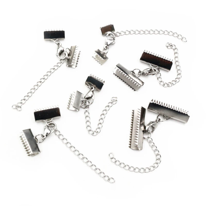 

10pcs Stainless Steel Ribbon Leather Cord End Fastener Clasps With Chains Lobster Clasps Connectors For Bracelet Diy Making
