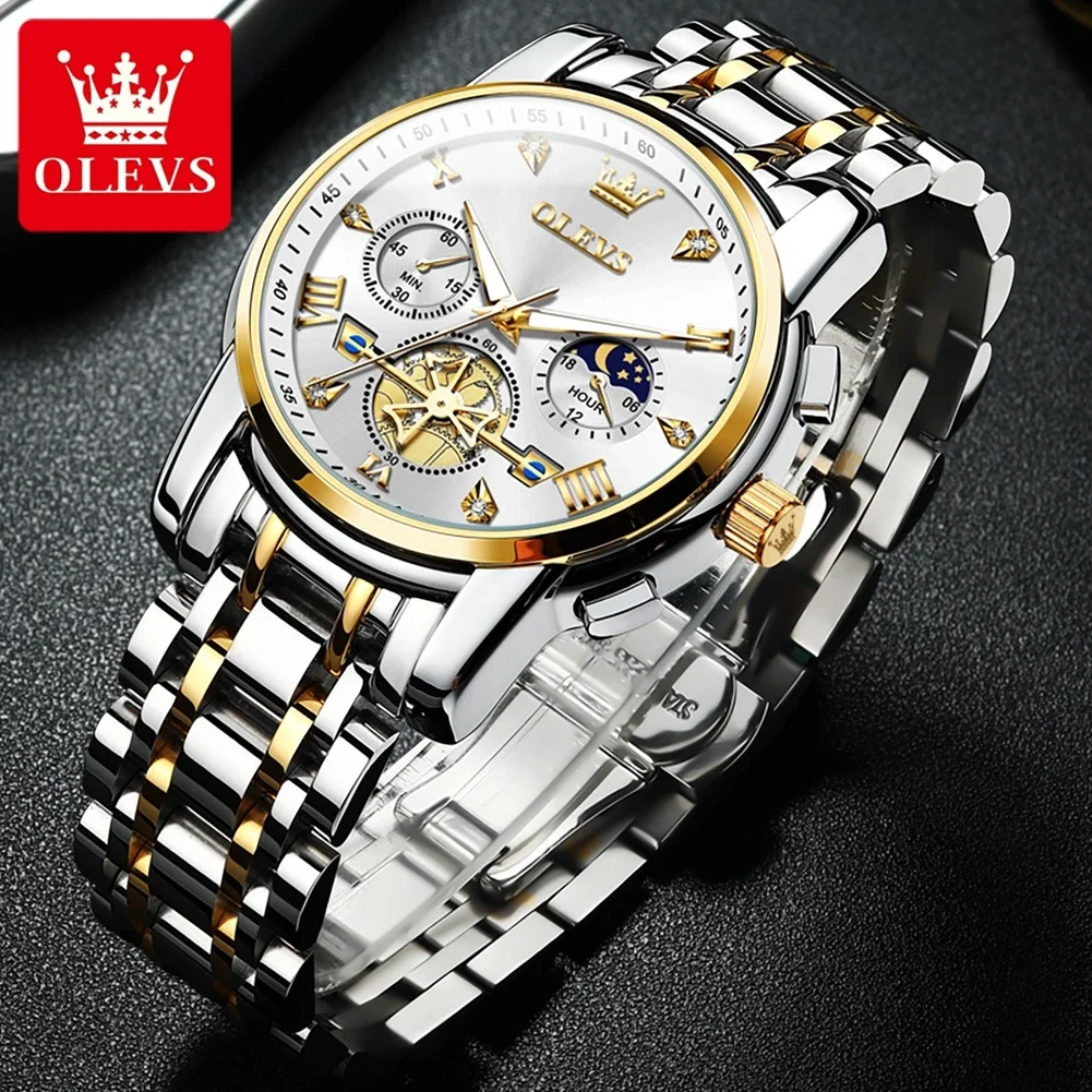OLEVS Fashion Men's Watches Multifunctional New Flywheel Chronograph Original Quartz Watches Moon Phase 24 Hour Waterproof Reloj