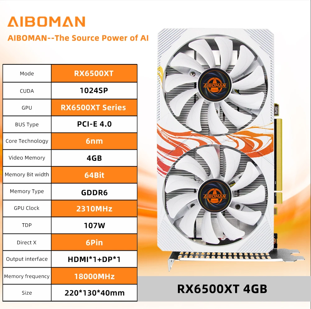 AIBOMAN RX6500XT 4G Fox اللوحة الخلفية نمط GDDR6 64Bit Outputinterface HDMI * 1 + DP * 1 الألعاب على بطاقة رسومات الكمبيوتر #2
