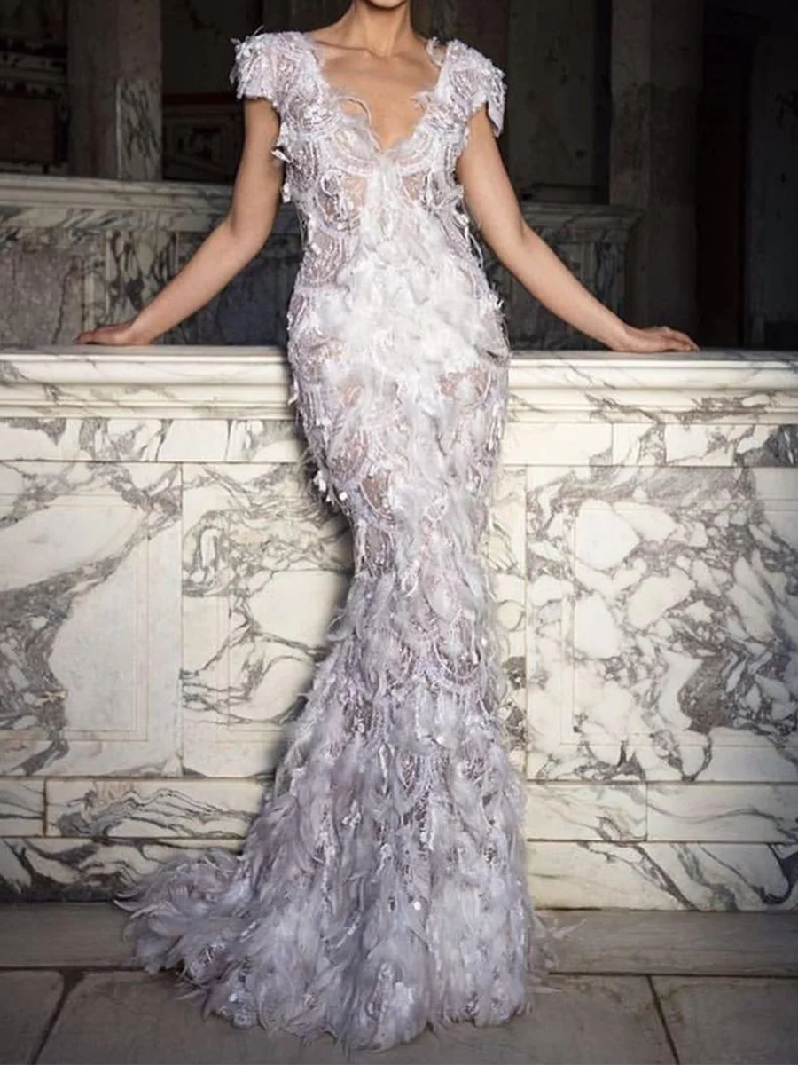 

Изысканные вечерние платья с v-образным вырезом и аппликациями из перьев и короткими рукавами Русалка Вечерние платья для дня рождения и выпускного вечера по индивидуальному заказу