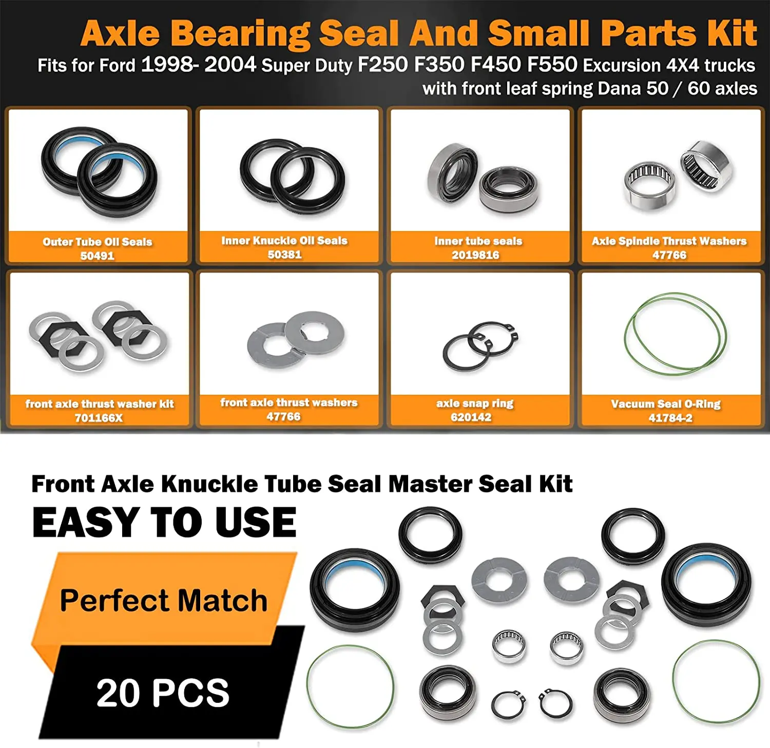 Outer Axle Knuckle Tube Dust Seal & Inner Tube Seal & Snap Ring & Needle Bearing & Thrust Washer Seals Kit for Ford 1998-2004