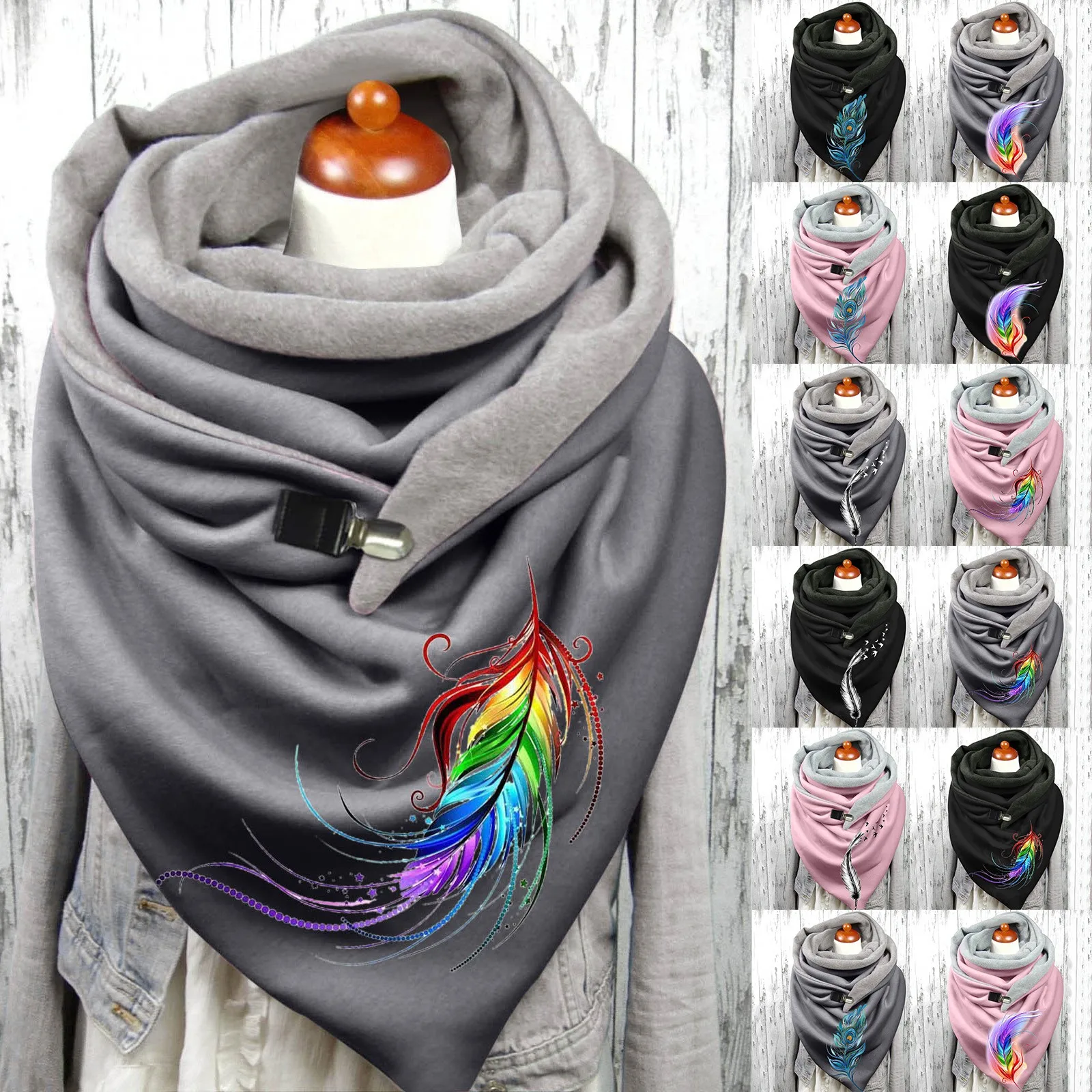 Women Fashion Feather Print Cotton Winter Warm Button Up Scarf Hijabs For Woman poncho triangle wrap large stoles Foulard Warm