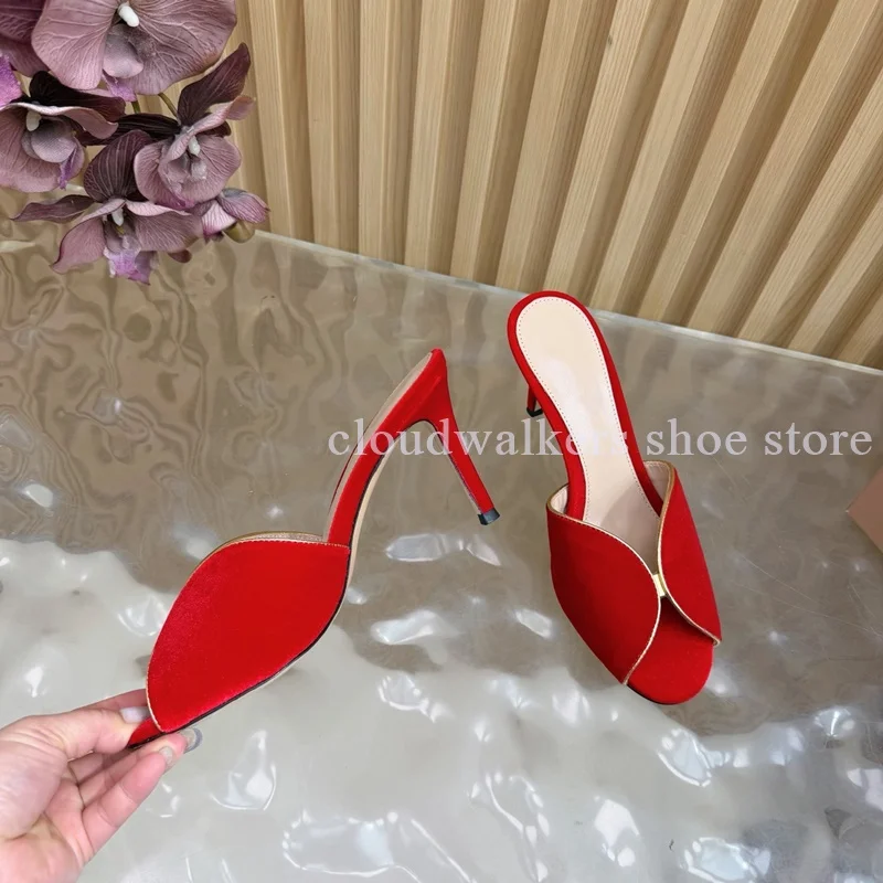 

Multicolor Velvet Patchwork Embroidered Lines Classic Mule Slippers New Peep Toe Sexy Stiletto Slippers Fashion Banquet Shoes