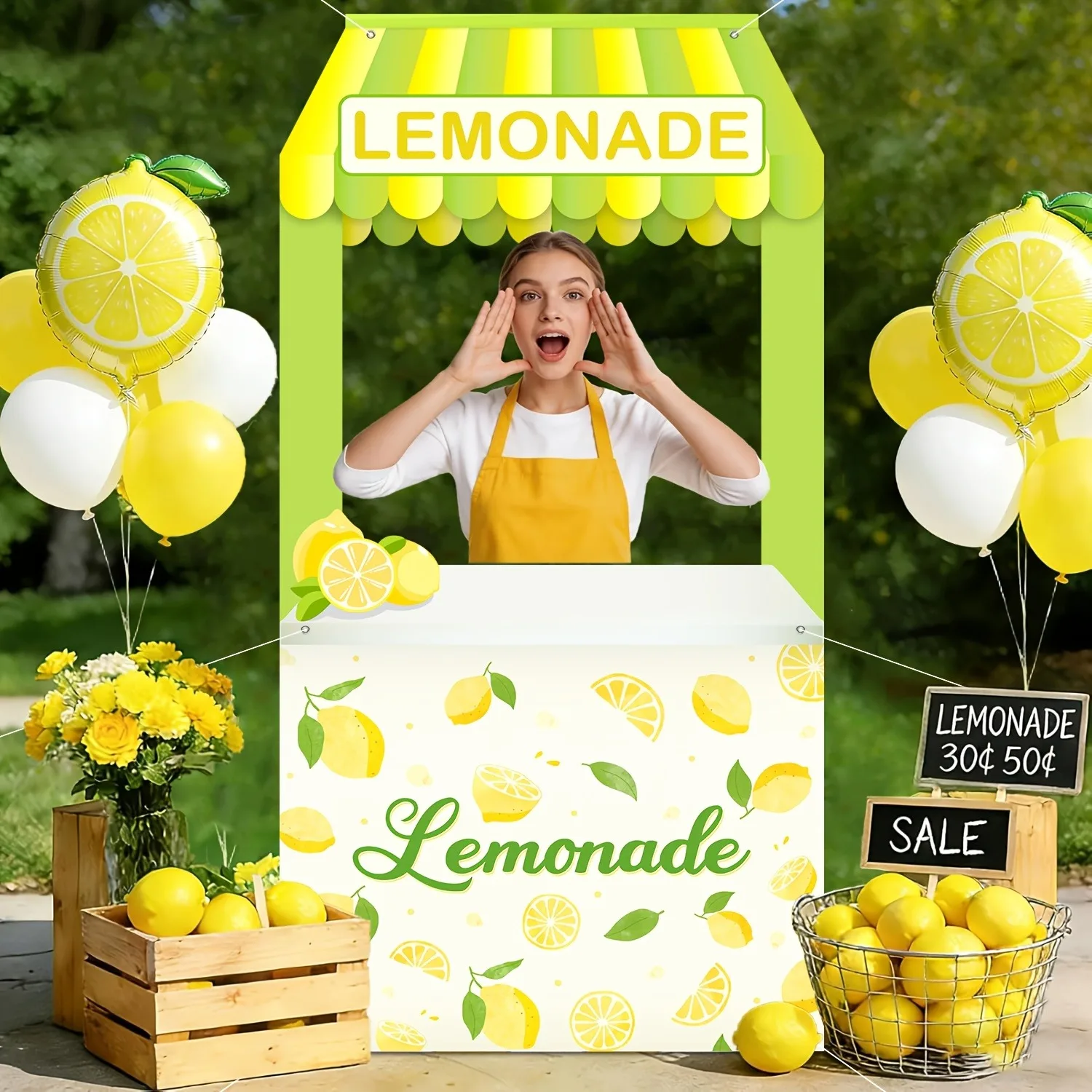 Fondo para Puesto de Limonada de Verano, Toldo Verde con Patrón de Limones, Banner para Cabina de Fotos para Decoración de Fiesta Temática de Limonada