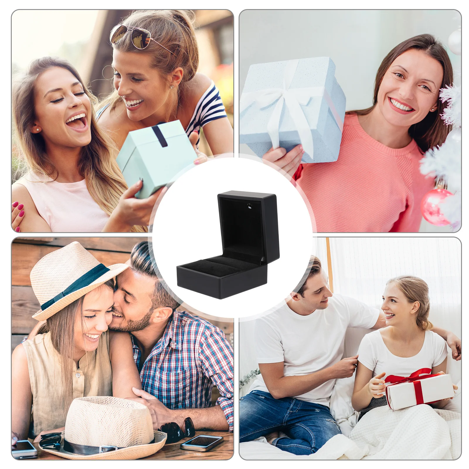 Jewelry Wedding Ring Box Case Black Durable PU Metal LED Lighting Romantic Proposal Ring Gift Storage Box Case
