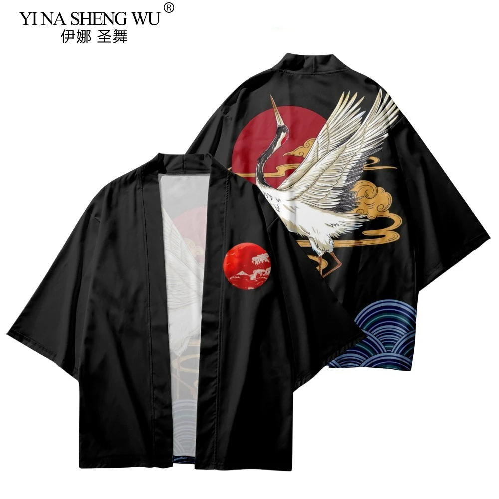 Kimono Man Japanse Kleding Kraan Yukata Mannelijke Samurai Kostuum Haori Obi Strand Kimono Vest Japanse Streetwear Jas Voor Heren