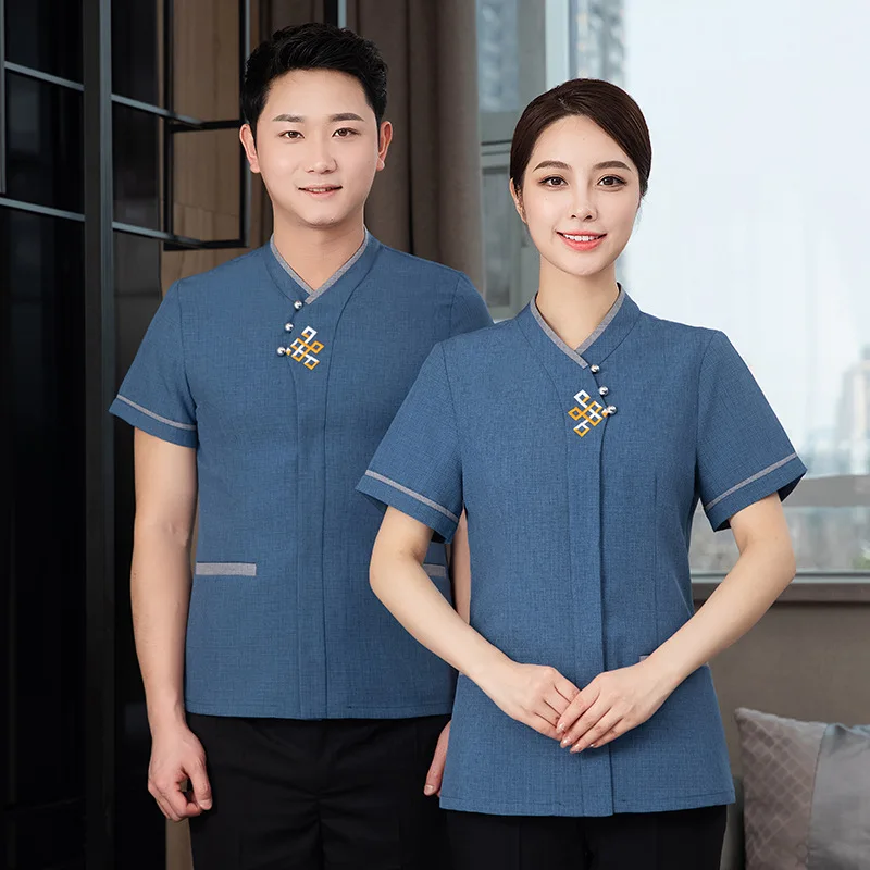 

Женская рабочая одежда с короткими рукавами для уборки, подходит для работы по уходу за недвижимостью в жилых районах и для уборщиц гостиничных номеров, весна.