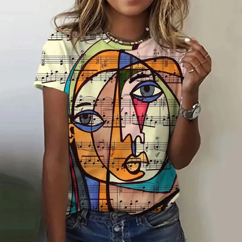 ピカソ抽象 3D 絵画ヴィンテージエレガントな女性の Tシャツ半袖ファッショントレンド Tシャツカジュアルスタイル婦人服