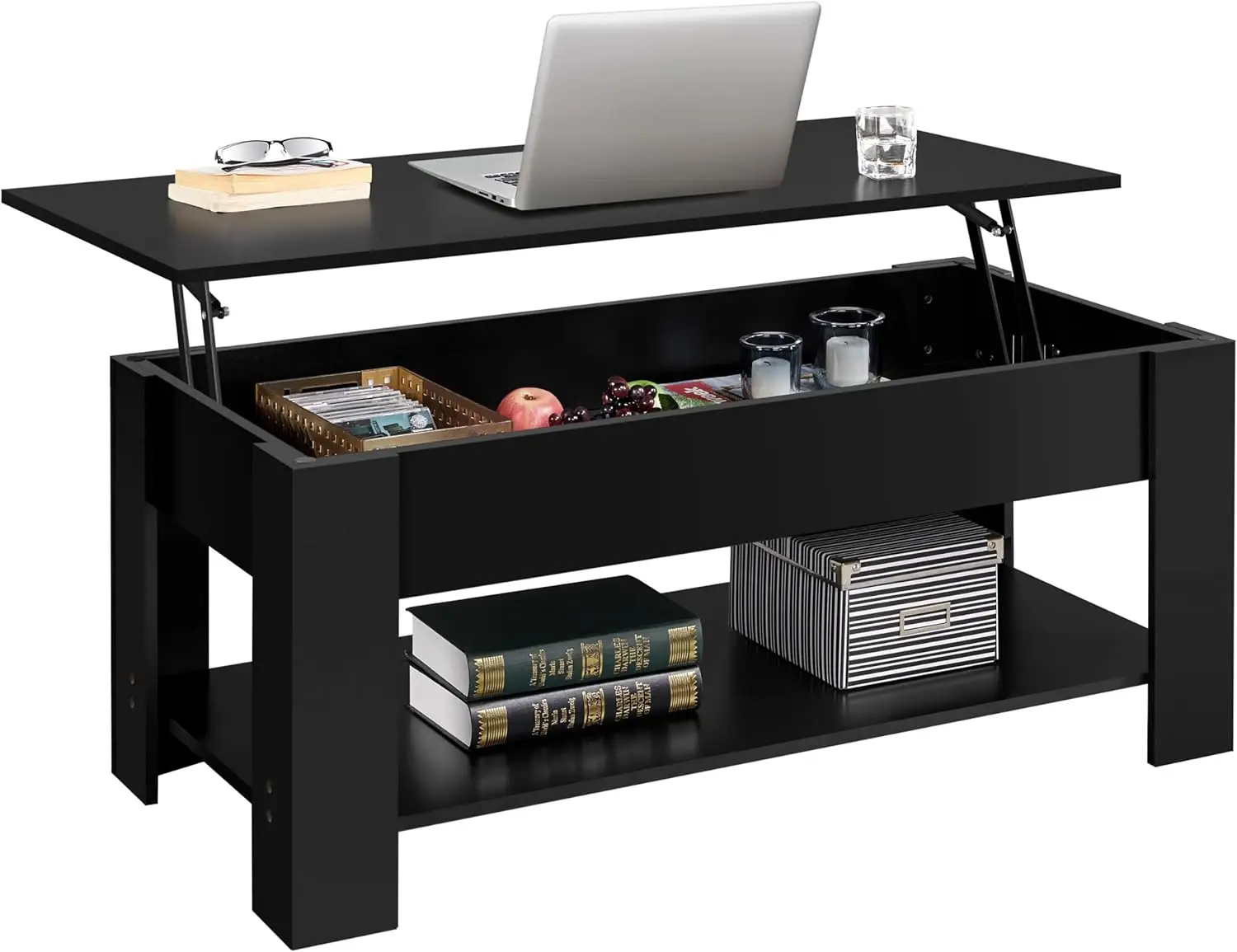 

Elevated countertop coffee table with hidden compartment and storage shelf, 47.5-inch-L, black