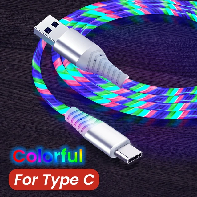 Flow Luminous USB Type C Cable 3A Fast Charging Data Cord dla Samsung Xiaomi OPPO Huawei IPhone Charger Micro USB Wire LED Cable