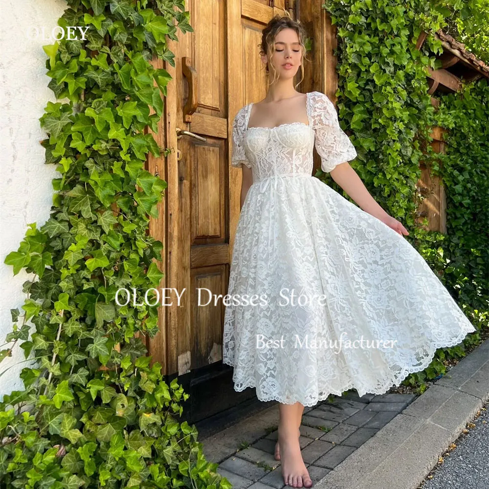 

OLOEY Modern Style Lace Followers Wedding Dress For Woman Tea-length Backless Vestidos Novias Boda Bridal Gown