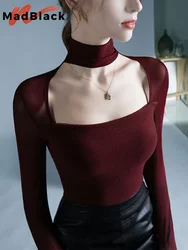 MadBlack European Clothes TShirt Turtleneck Sexy Exposed Clavicle Female Slim Cotton Tops Long Sleeve Tee Autumn Winter T3N912JM