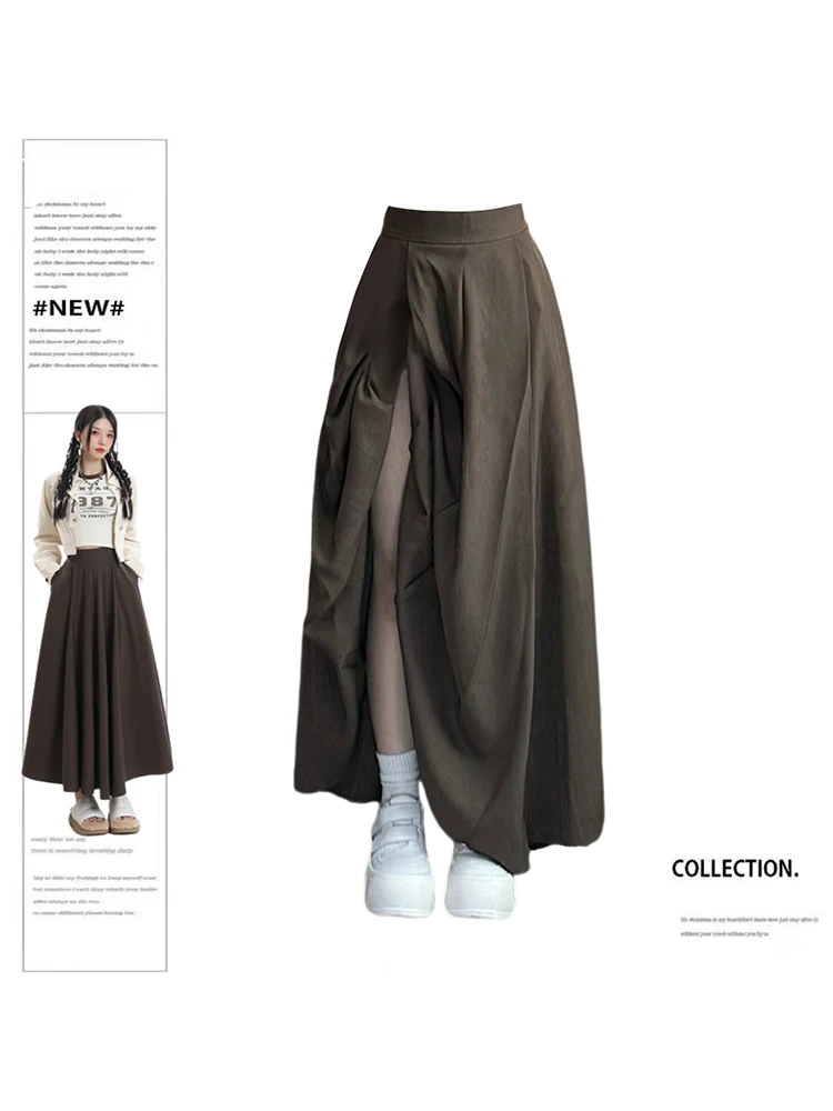 

Women's Coffee Skirt with Slit Harajuku Y2k 2000s Vintage Skirts 90s Fashion Streetwear Korean A-Line Long Skirt Clothes Autumn