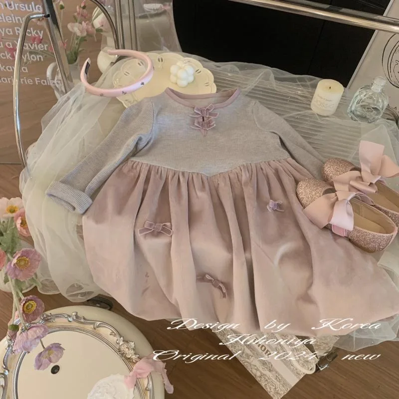 

Korean Kid Girl Princess Dress Autumn Round Collar Children Girl Spliced Dress Loose Ruched Waist Toddler Girl Long Sleeve Dress