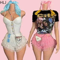 HLJ&GG Sweet Fashion Lace Ruffle Shorts Two Piece Sets Women Spaghetti Strap Bodysuits And Shorts Outfit Female 2pcs Streetwear