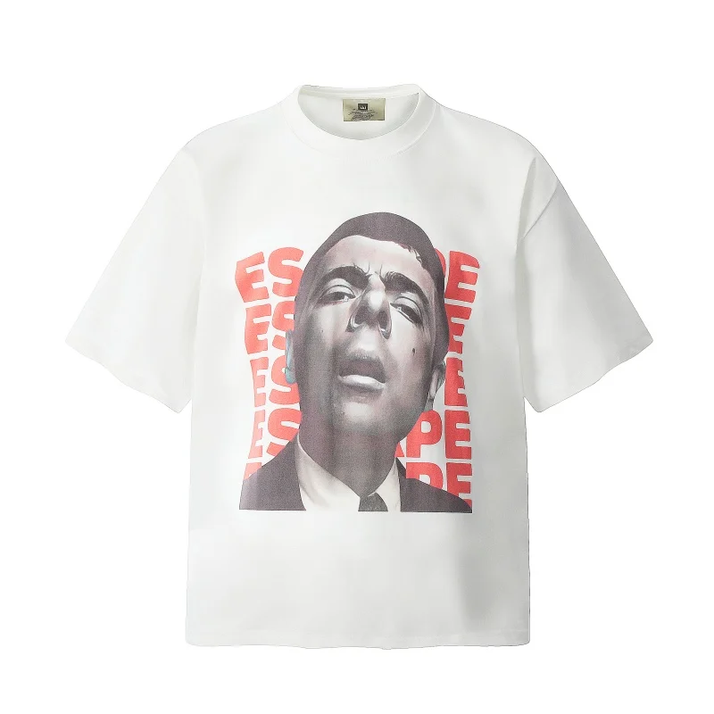 

Fashion Vintage White Small Neckline Design Digital Direct Print High Street Heavyweight Short Sleeve T-Shirt Tops