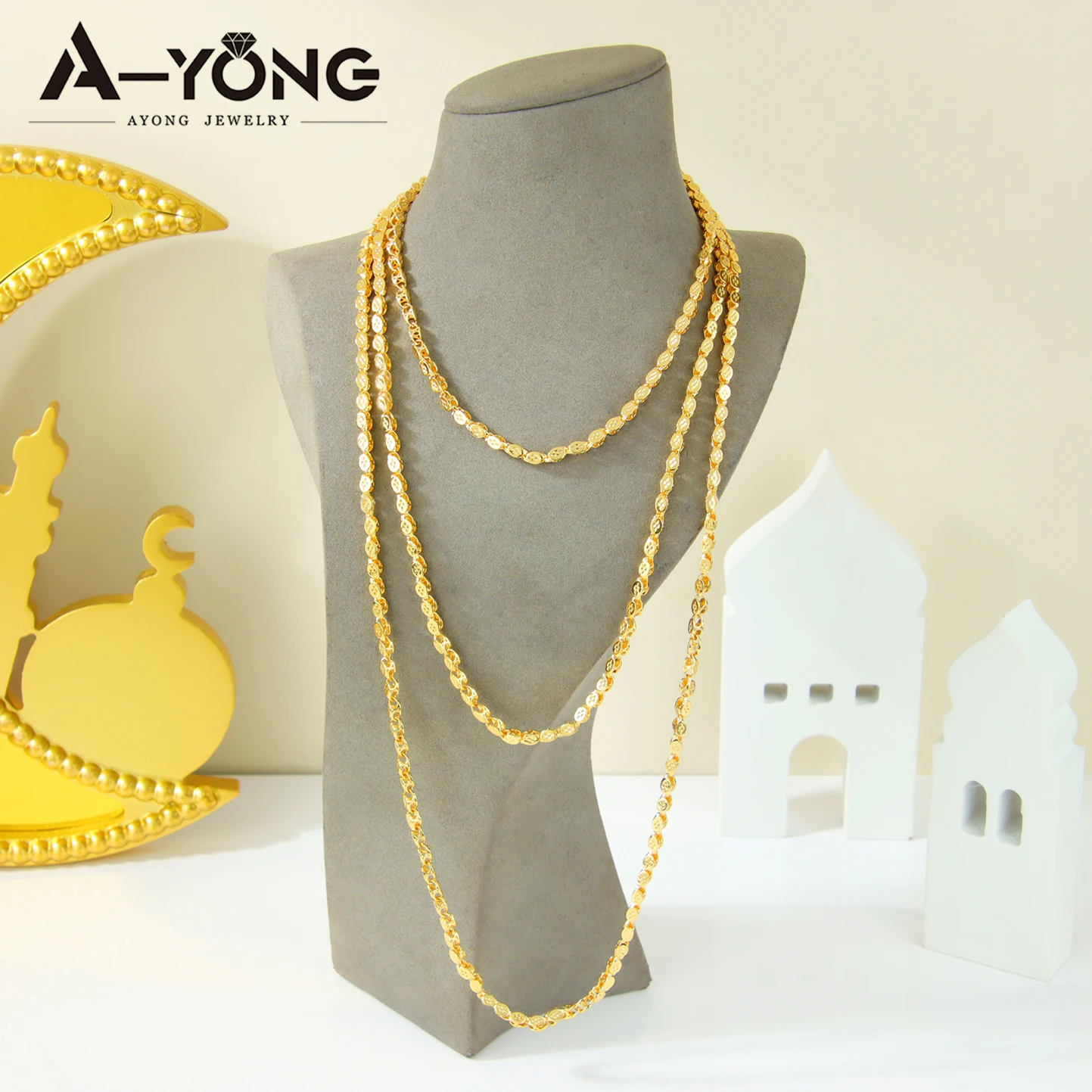 Luxury Arabic Wedding Long Necklace 50/100cm 24k Gold Plated Islamic Turkish Women Bridal Engagement Party Chic Jewelry