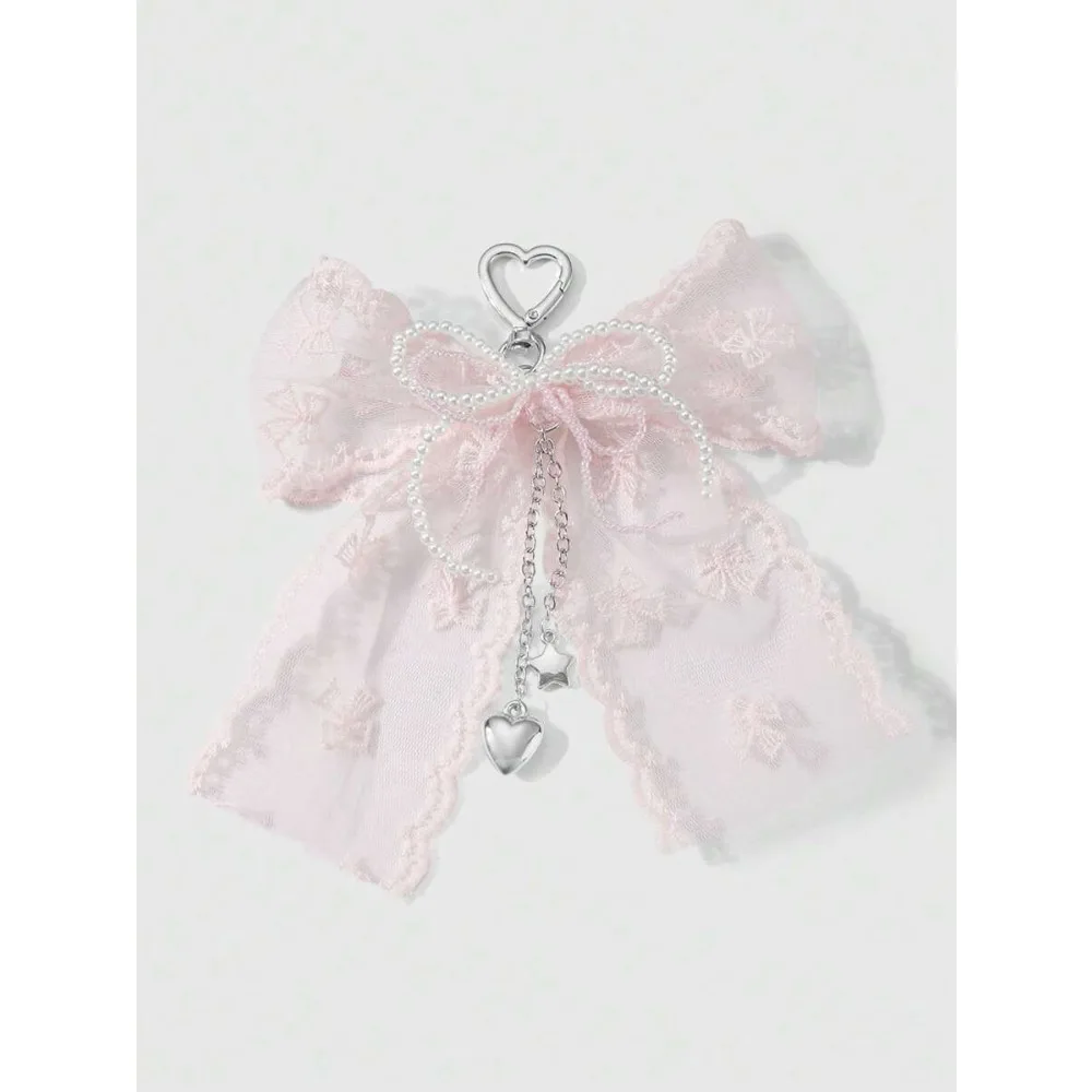 

Kawaii Korean Handmade Beaded Keychain, White Faux Pearl Crystal Net Bow Star Heart Bag Charm, Gift for Women Daily