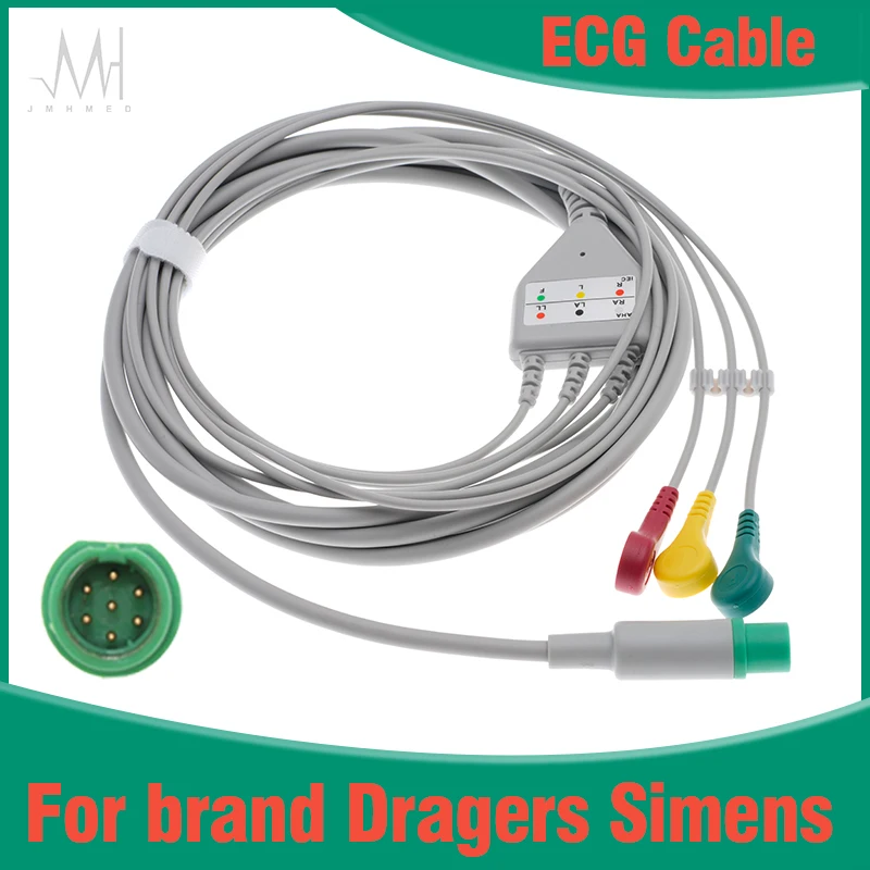 

One-Piece ECG EKG 3 Lead Cable and Electrode Leadwire For Dragers-Simens 7Pin Patient Monitor, Snap/Clip/VET Alligator clip.