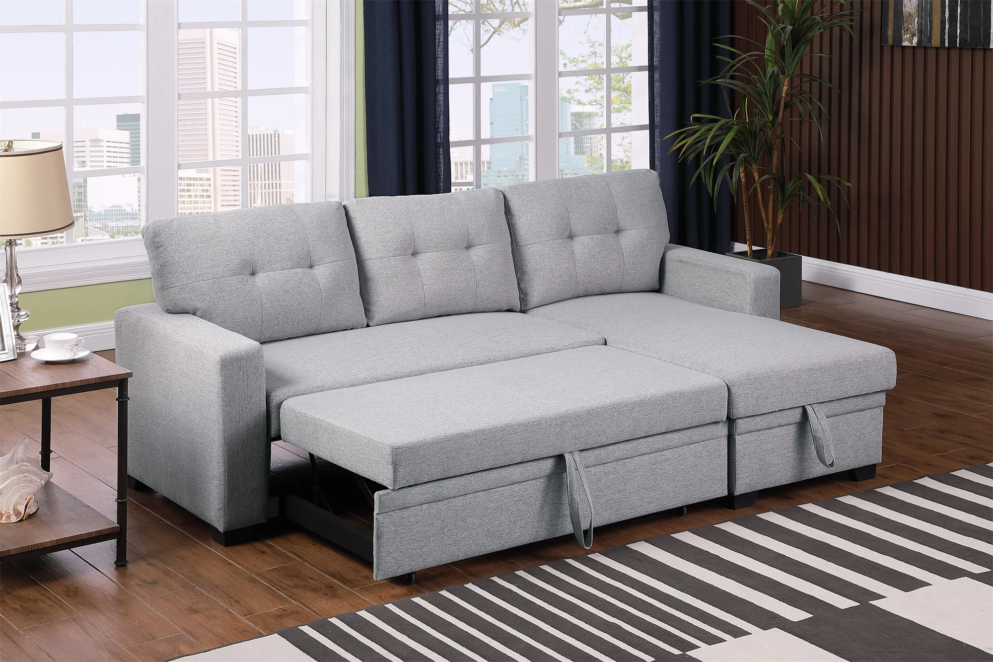 Multiple Colors Upholstered Pull out Sectional Sofa with Chaise Gray[US-W] ﻿