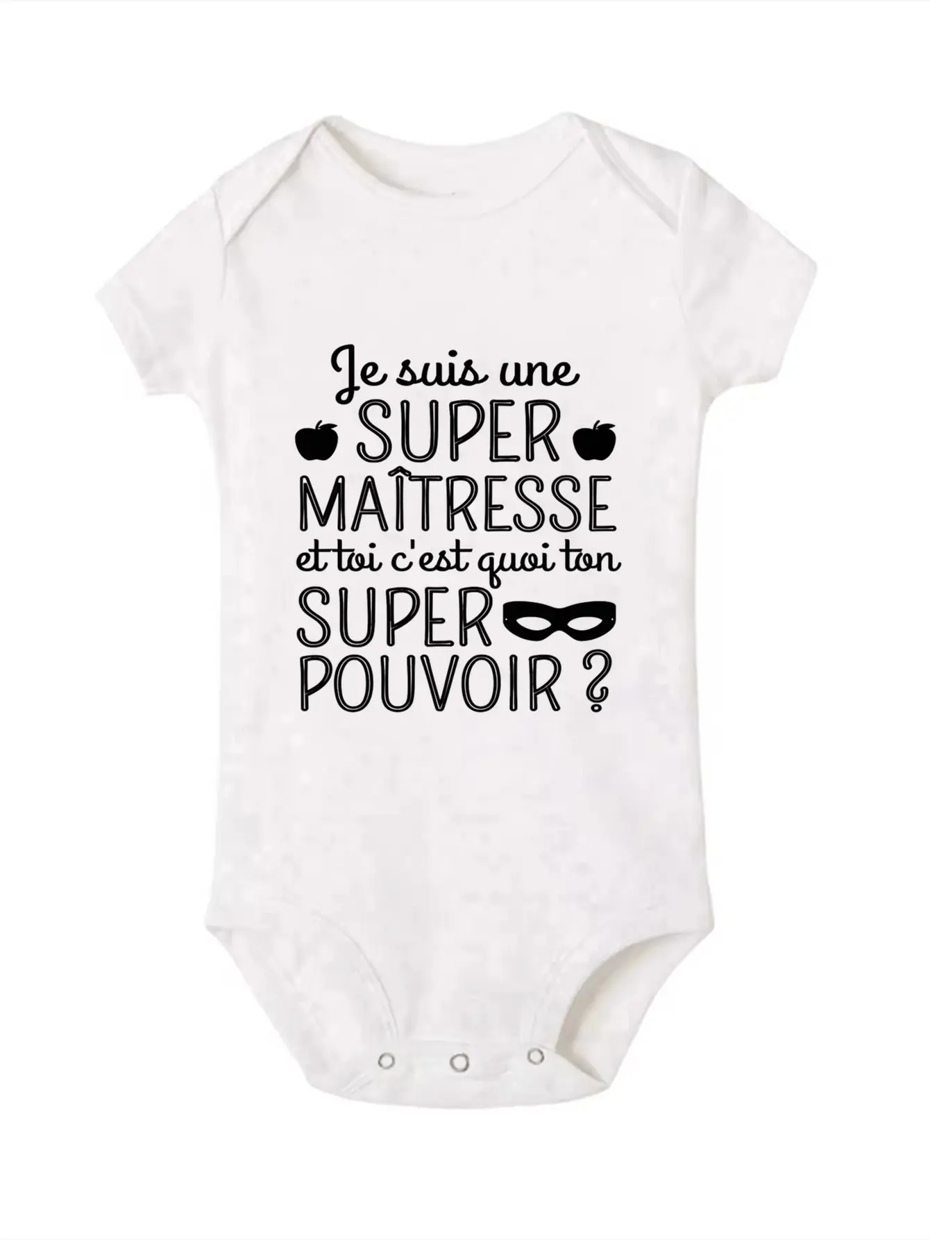 

Black Text Apple Mask Graphic Baby Onesie Soft Cotton Short Sleeve Infant Jumpsuit Super Maitresse French Quote Newborn Bodysuit