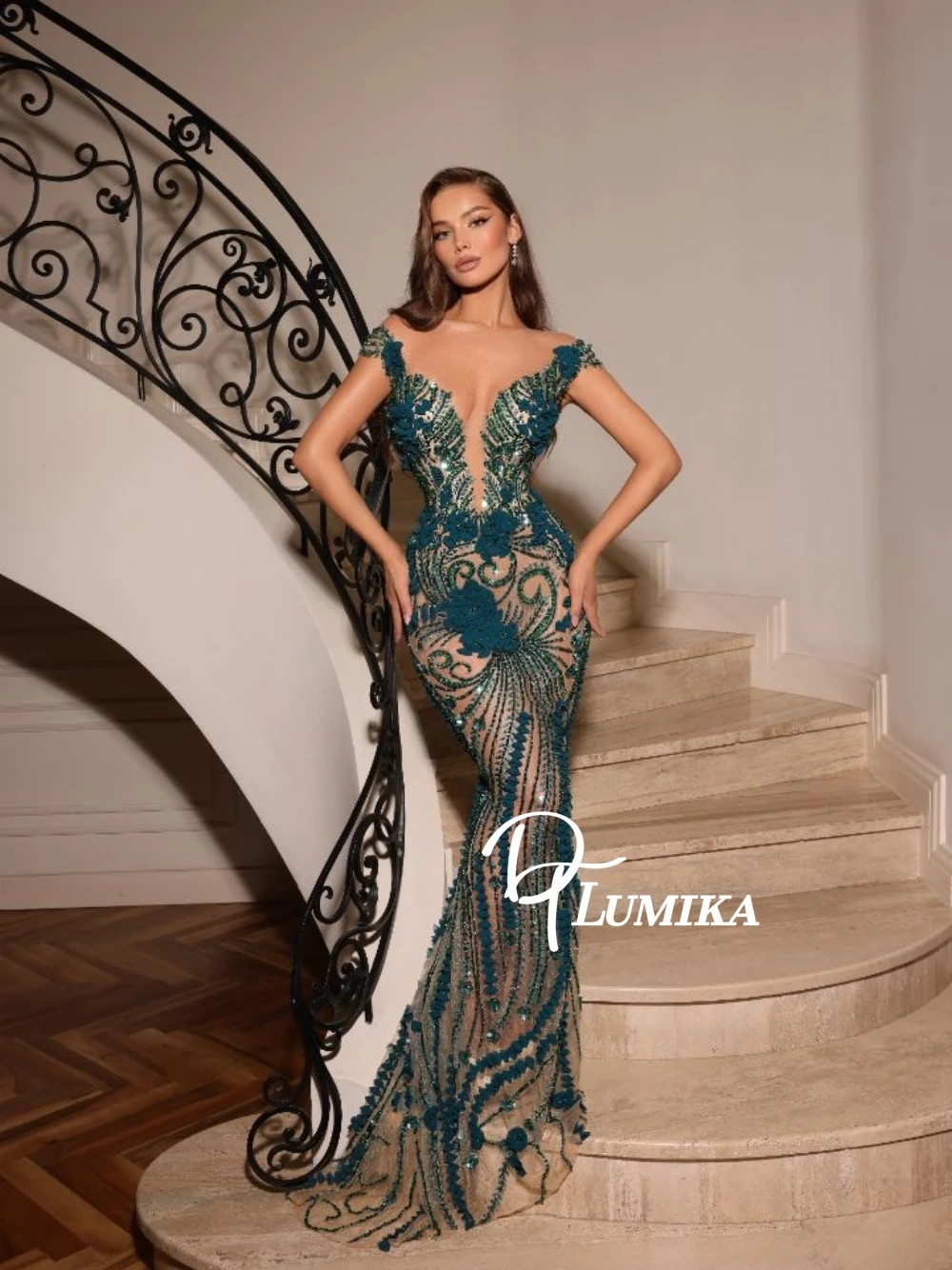 

Charming Emerald Green 3D Floral Sequin Evening Dress Sexy Deep V Neck Sheer Mesh Mermaid Prom Gown Formal Party Dresses