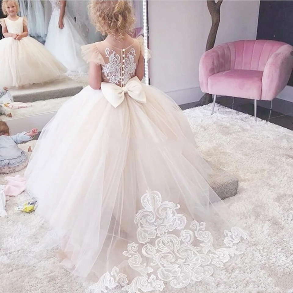 HYGLJL Party Dress Tulle Flower Girl Dresses for Wedding Prom Partys Ball Gowns for Girls Cute Bow Gown Puffy Princess