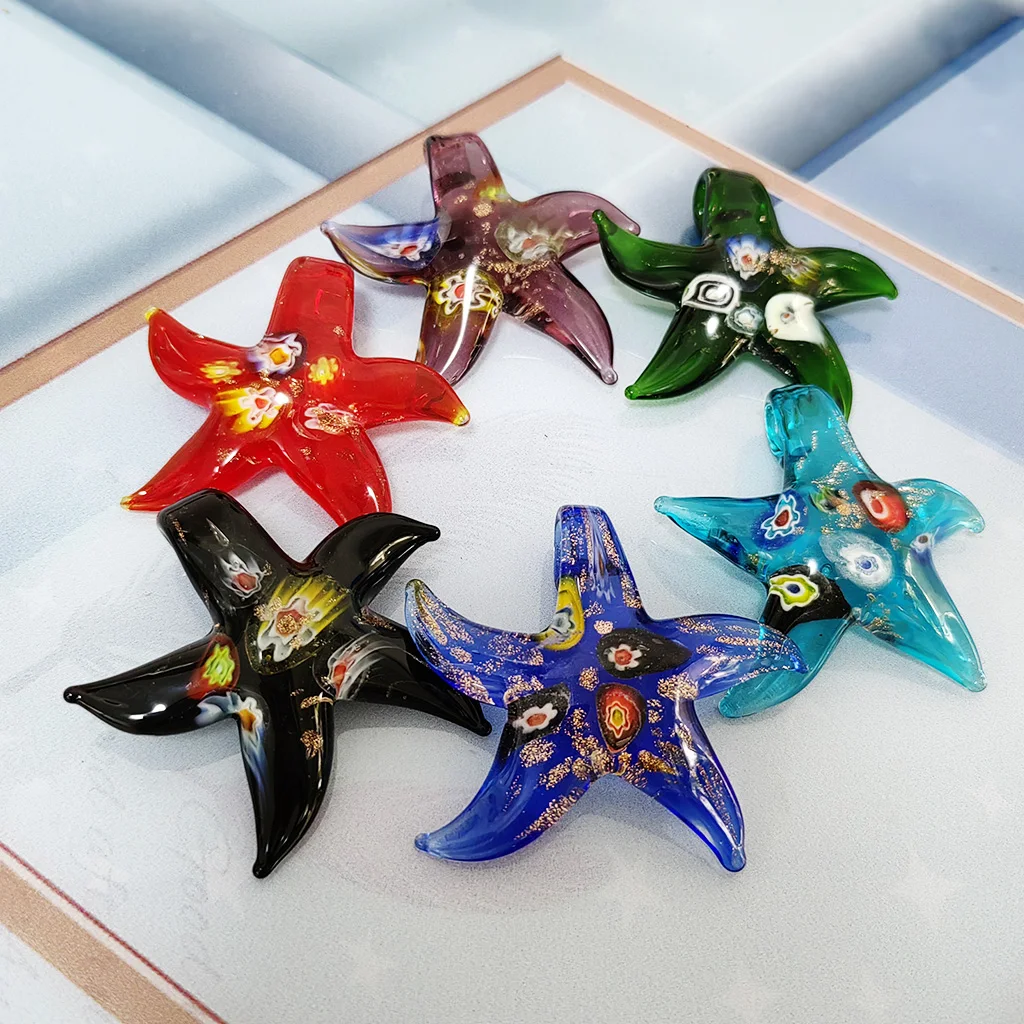 1PCS Retro Murano Lampwork Spiral Creative Painted Art Starfish Inner Flower Pendant Necklace For Women Blue Chinese Style GIft