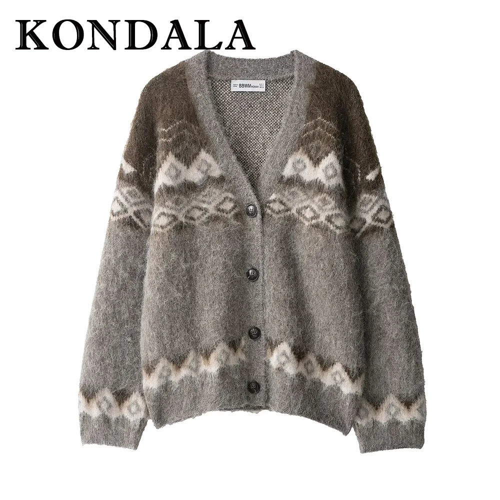 

KONDALA винтажный женский серый осенне-зимний повседневный рождественский свитер, шикарный осенний свободный свитер с v-образным вырезом, мода 2025 г., лоскутные женские кардиганы