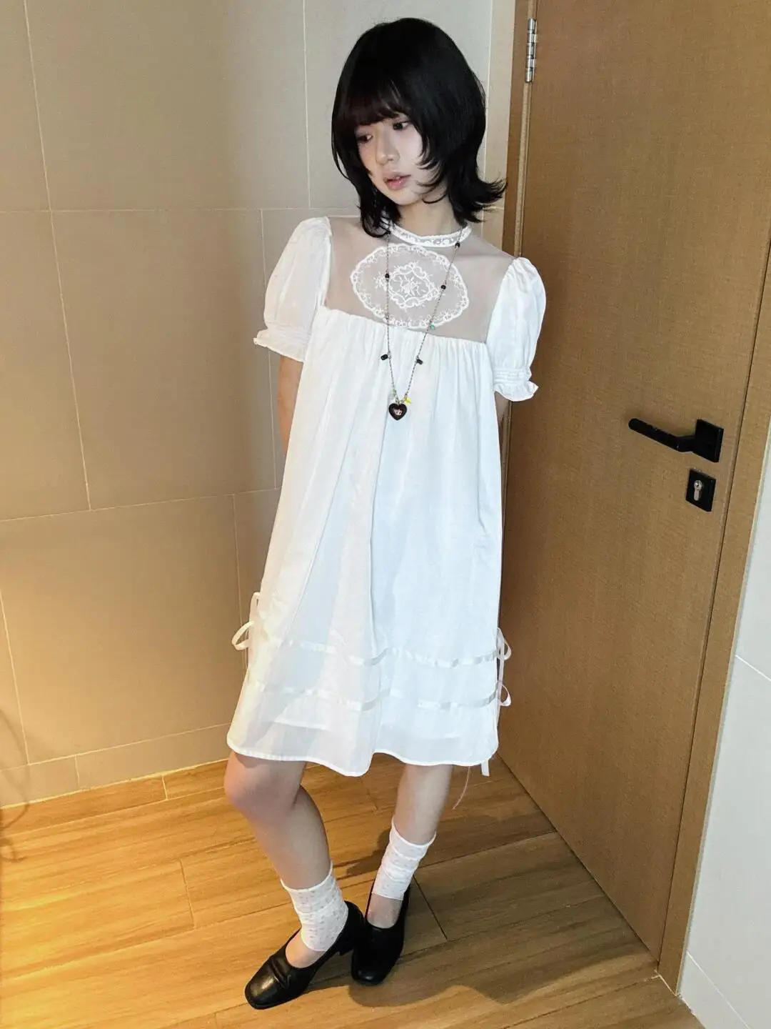 Princess Style Pumpkin Dress Lace Splicing Net White Doll Skirt Slimming Versatile Summer Dress French Style A-Line Skirt