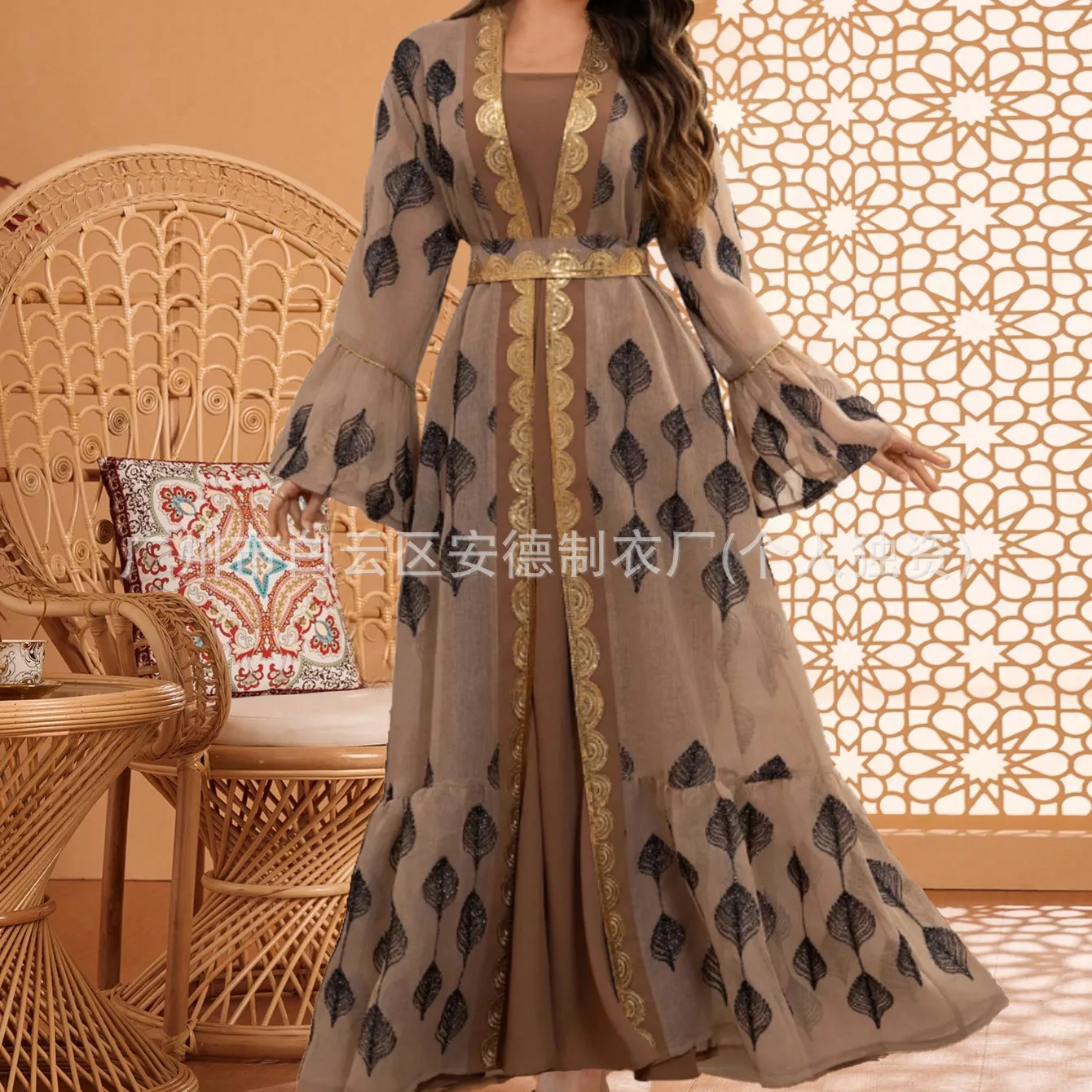 

Musilin женский модный марлевый халат с блестками и золотыми краями, комплект из двух предметов, халат Абая Рамадан, Дубай, роскошный исламский элегантный халат