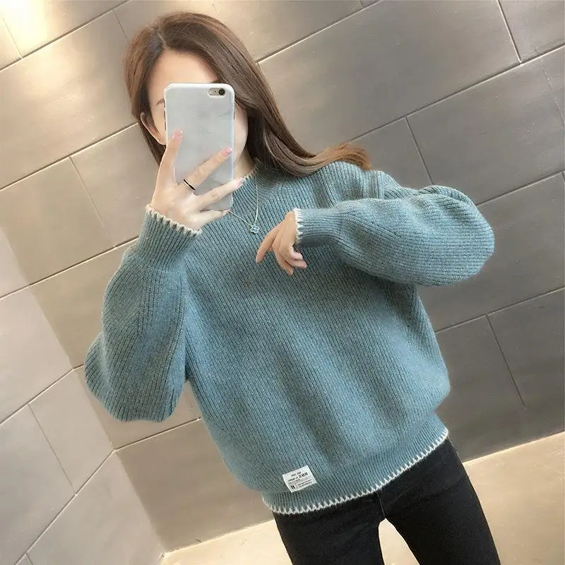 Autumn and Winter Women\'s Contrast Color Half High Collar Long Sleeve Knitted Sweaters Jumpers All-match Fashion Casual Tops