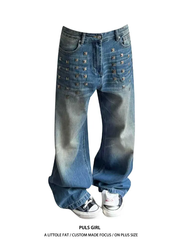 

Retro Washed Heavy Duty Rivet Denim Jeans Women's Loose Wide Leg Long Pants Casual High Waist Straight Cut Color
