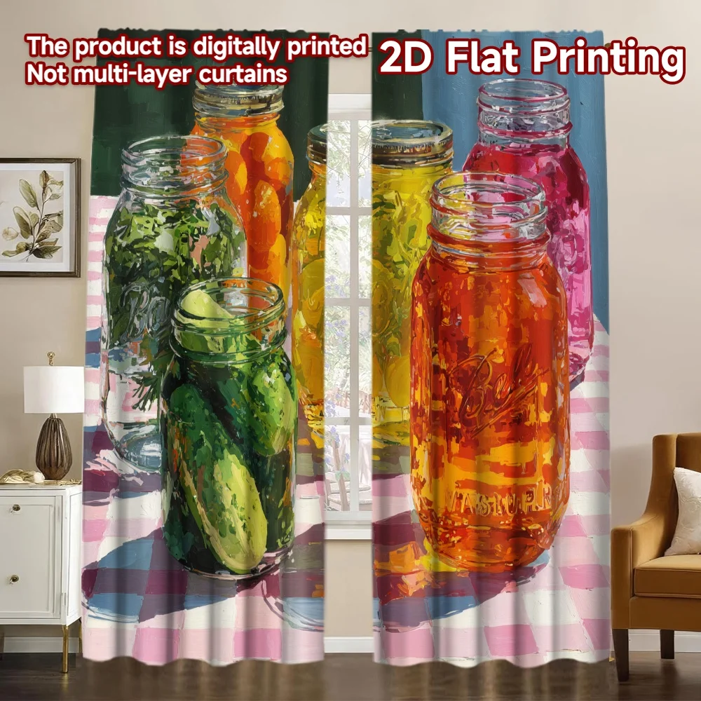 Impresión plana 2D, colección de tarros de pepinillos, cortinas modernas, cortinas duraderas de tela 100% poliéster, versátiles, todo para dormitorio, 2 uds.