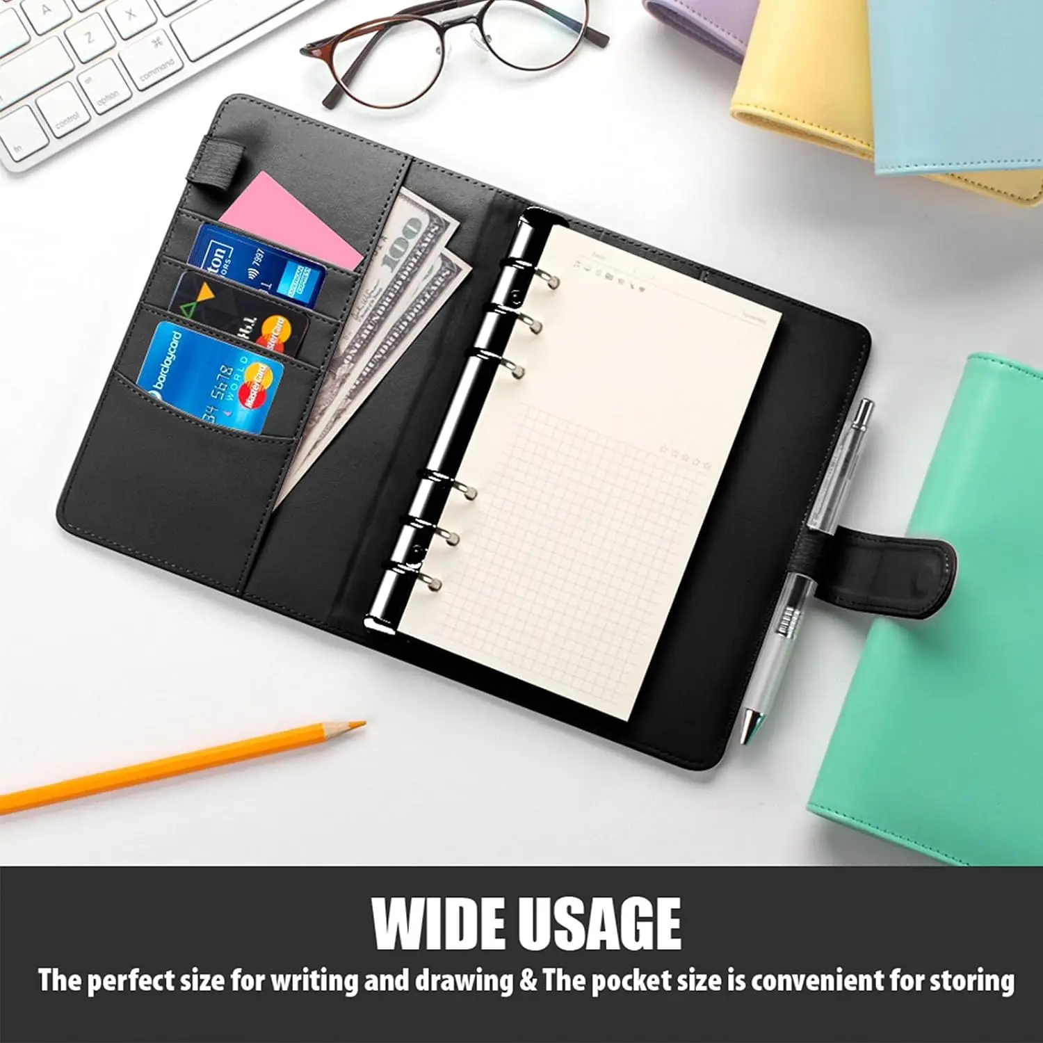 A6 حجم بو الجلود الموثق الميزانية المحفظة 6-حلقة إعادة الملء غطاء للكمبيوتر الدفتري مخطط شخصي الموثق مع مشبك مغناطيسي إغلاق #3