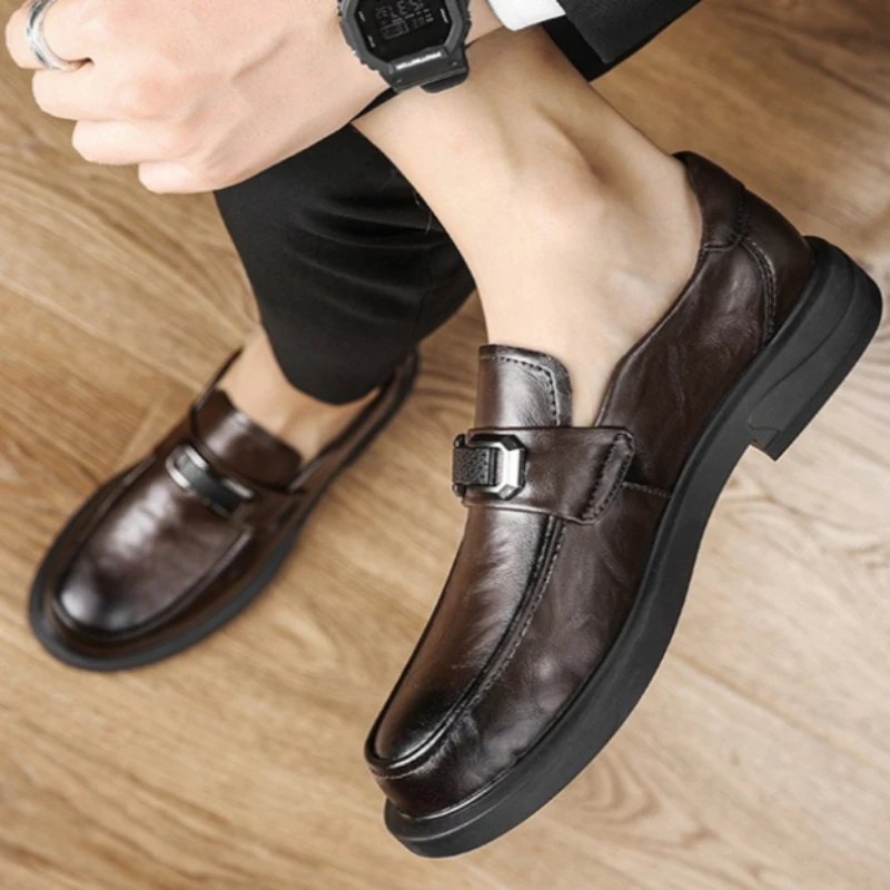 

Men's Leather Shoes High-end Handcrafted Flat Solid Color Soft Sole Simple Toe Opening Slip-on Style Classic Versatile Suitable